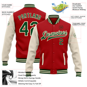 Custom Red Green-Cream Bomber Full-Snap Varsity Letterman Two Tone Jacket