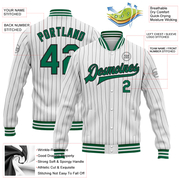 Custom White Black Pinstripe Kelly Green Bomber Full-Snap Varsity Letterman Jacket
