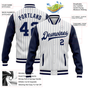 Custom White Navy Pinstripe Navy-Gray Bomber Full-Snap Varsity Letterman Two Tone Jacket