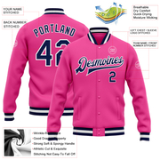Custom Pink Navy-White Bomber Full-Snap Varsity Letterman Jacket