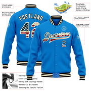 Custom Powder Blue Vintage USA Flag Cream-Black Bomber Full-Snap Varsity Letterman Jacket