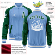 Custom Light Blue White-Kelly Green Bomber Varsity Letterman Two Tone Zipper Jacket
