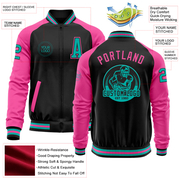 Custom Black Aqua-Pink Bomber Varsity Letterman Two Tone Zipper Jacket