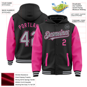 Custom Black Gray-Pink Bomber Full-Snap Varsity Letterman Two Tone Hoodie Jacket