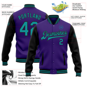 Custom Purple Teal-Black Bomber Full-Snap Varsity Letterman Two Tone Jacket