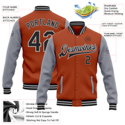 Custom Texas Orange Black-Gray Bomber Full-Snap Varsity Letterman Two Tone Jacket