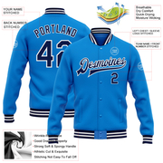 Custom Powder Blue Navy-White Bomber Full-Snap Varsity Letterman Jacket