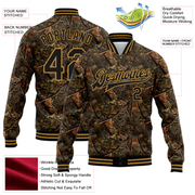 Custom Camo Black-Old Gold Realistic Forest Camouflage 3D Bomber Full-Snap Varsity Letterman Salute To Service Jacket
