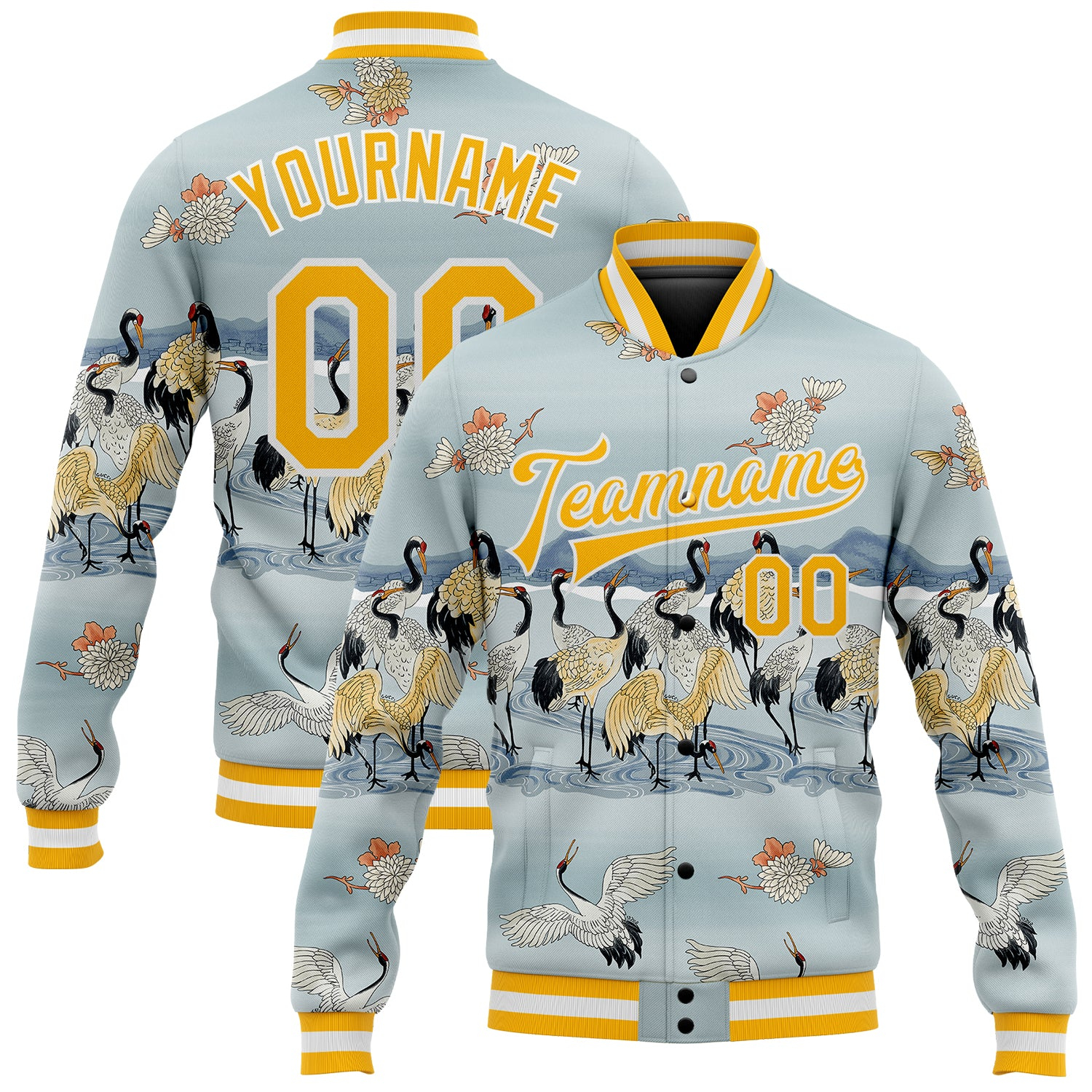 Custom Lakes Blue Gold-White Heron 3D Pattern Design Bomber Full-Snap Varsity Letterman Jacket