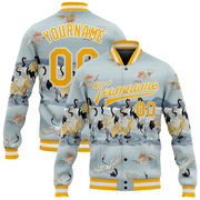 Custom Lakes Blue Gold-White Heron 3D Pattern Design Bomber Full-Snap Varsity Letterman Jacket