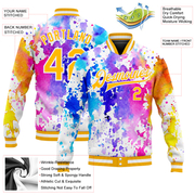 Custom Tie Dye Gold-White Rainbow 3D Bomber Full-Snap Varsity Letterman Jacket