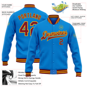 Custom Powder Blue Crimson-Gold Bomber Full-Snap Varsity Letterman Jacket