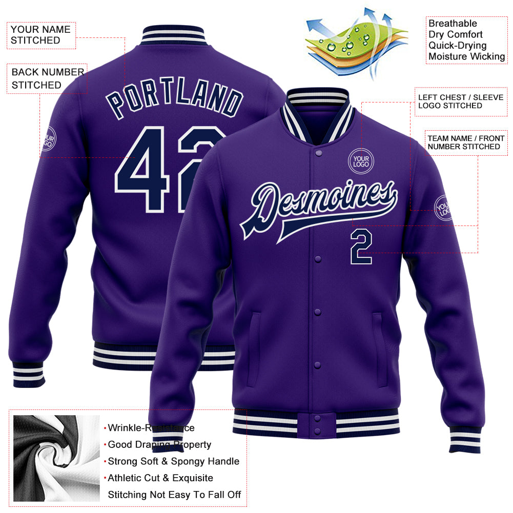 Custom Purple Navy-White Bomber Full-Snap Varsity Letterman Jacket