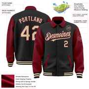 Custom Black Cream-Crimson Bomber Full-Snap Varsity Letterman Two Tone Lapel Collar Byron Jacket