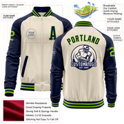 Custom Cream Neon Green-Navy Bomber Varsity Letterman Two Tone Zipper Jacket