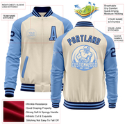 Custom Cream Navy-Light Blue Bomber Varsity Letterman Two Tone Zipper Jacket