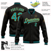 Custom Black Old Gold Pinstripe Teal Bomber Full-Snap Varsity Letterman Jacket