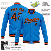 Custom Powder Blue Black-Orange Bomber Full-Snap Varsity Letterman Jacket