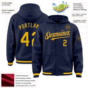 Custom Navy Gold Bomber Full-Snap Varsity Letterman Hoodie Jacket