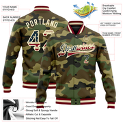 Custom Camo Vintage USA Flag Cream-Maroon Bomber Full-Snap Varsity Letterman Salute To Service Jacket