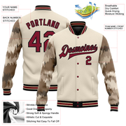 Custom City Cream Crimson-Black Camo Sleeves 3D Pattern Design Bomber Full-Snap Varsity Letterman Jacket