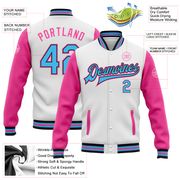 Custom White Sky Blue Black-Pink Bomber Full-Snap Varsity Letterman Two Tone Jacket