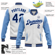 Custom White Navy-Light Blue Bomber Full-Snap Varsity Letterman Two Tone Jacket