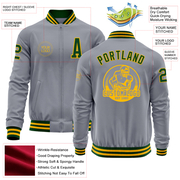 Custom Gray Green-Gold Bomber Varsity Letterman Zipper Jacket