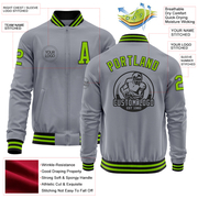 Custom Gray Neon Green-Black Bomber Varsity Letterman Zipper Jacket