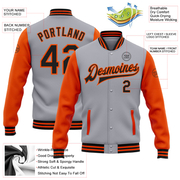 Custom Gray Black-Orange Bomber Full-Snap Varsity Letterman Two Tone Jacket