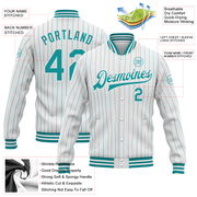Custom White Teal Pinstripe Teal Bomber Full-Snap Varsity Letterman Jacket