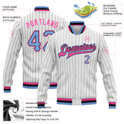 Custom White Black Pinstripe Light Blue Black-Pink Bomber Full-Snap Varsity Letterman Jacket