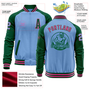 Custom Light Blue Pink-Kelly Green Bomber Varsity Letterman Two Tone Zipper Jacket