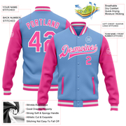 Custom Light Blue Pink-White Bomber Full-Snap Varsity Letterman Two Tone Jacket