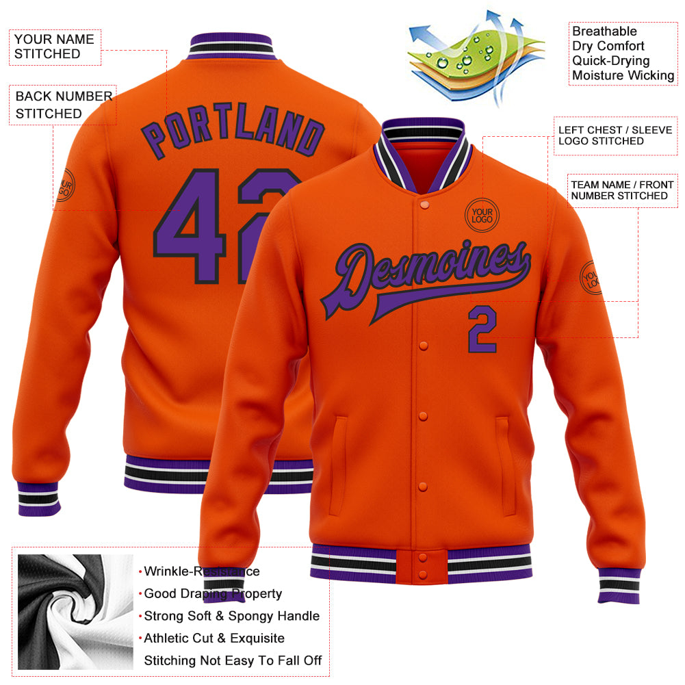 Custom Orange Purple-Black Bomber Full-Snap Varsity Letterman Jacket