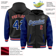 Custom Black Royal-Red Bomber Full-Snap Varsity Letterman Two Tone Hoodie Jacket