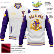 Custom White Purple-Gold Bomber Full-Snap Varsity Letterman Two Tone Jacket