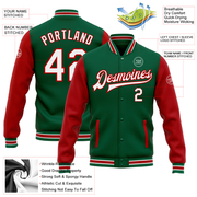 Custom Kelly Green White-Red Bomber Full-Snap Varsity Letterman Two Tone Jacket