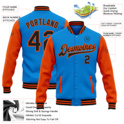 Custom Powder Blue Black-Orange Bomber Full-Snap Varsity Letterman Two Tone Jacket