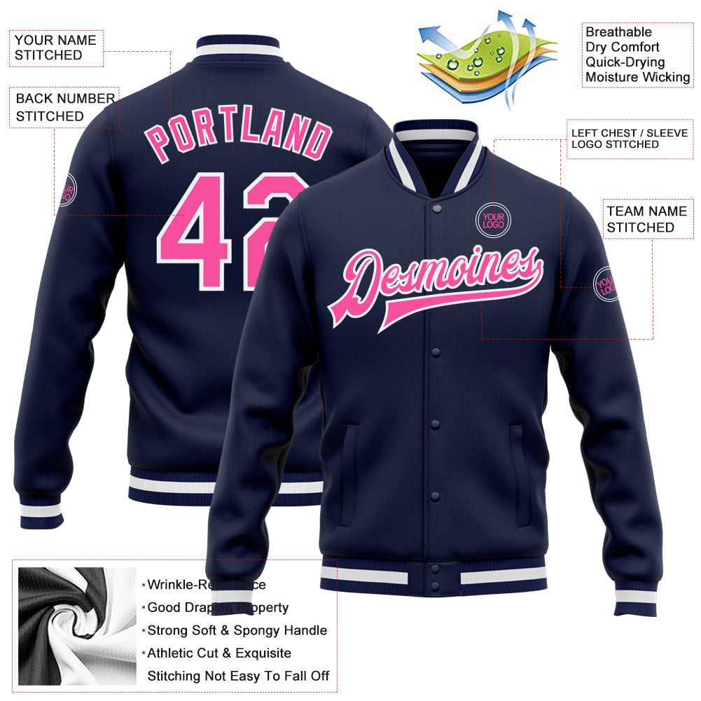 Custom Navy Pink-White Bomber Full-Snap Varsity Letterman Jacket