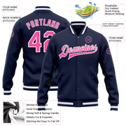 Custom Navy Pink-White Bomber Full-Snap Varsity Letterman Jacket