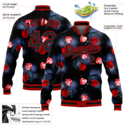Custom Black Red Rose 3D Pattern Design Bomber Full-Snap Varsity Letterman Jacket