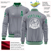 Custom Gray Kelly Green-White Bomber Varsity Letterman Zipper Jacket