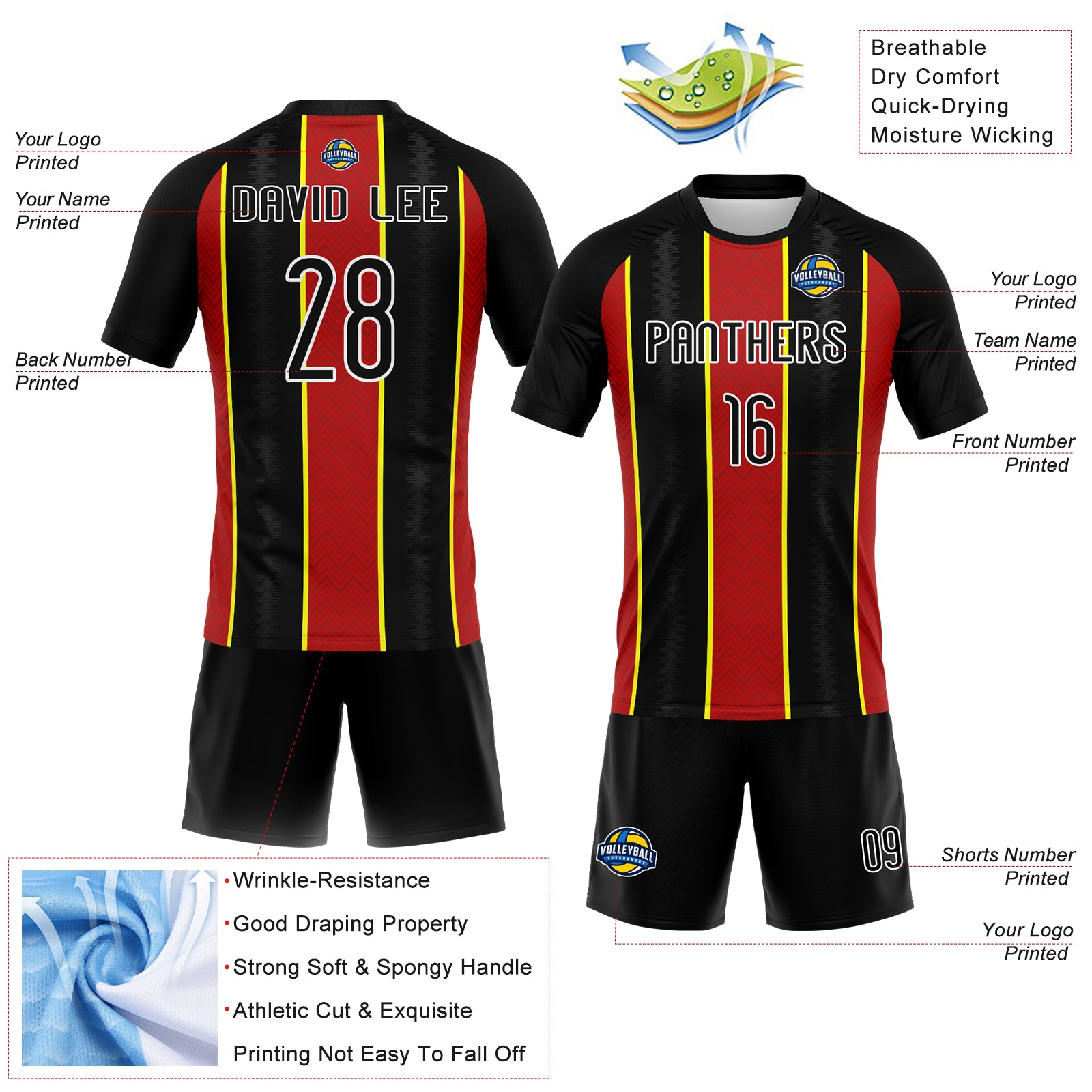Custom Black Red-Light Yellow Lines Sublimation Volleyball Uniform Jersey