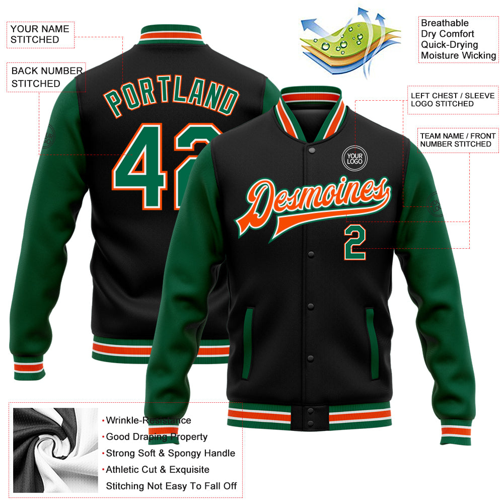 Custom Black Kelly Green-Orange Bomber Full-Snap Varsity Letterman Two Tone Jacket