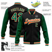 Custom Black Kelly Green-Orange Bomber Full-Snap Varsity Letterman Two Tone Jacket