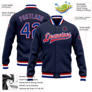 Custom Navy Royal-Red Bomber Full-Snap Varsity Letterman Jacket