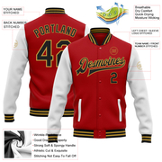 Custom Red Black-Old Gold Bomber Full-Snap Varsity Letterman Two Tone Jacket