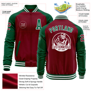 Custom Crimson Kelly Green-White Bomber Varsity Letterman Two Tone Zipper Jacket