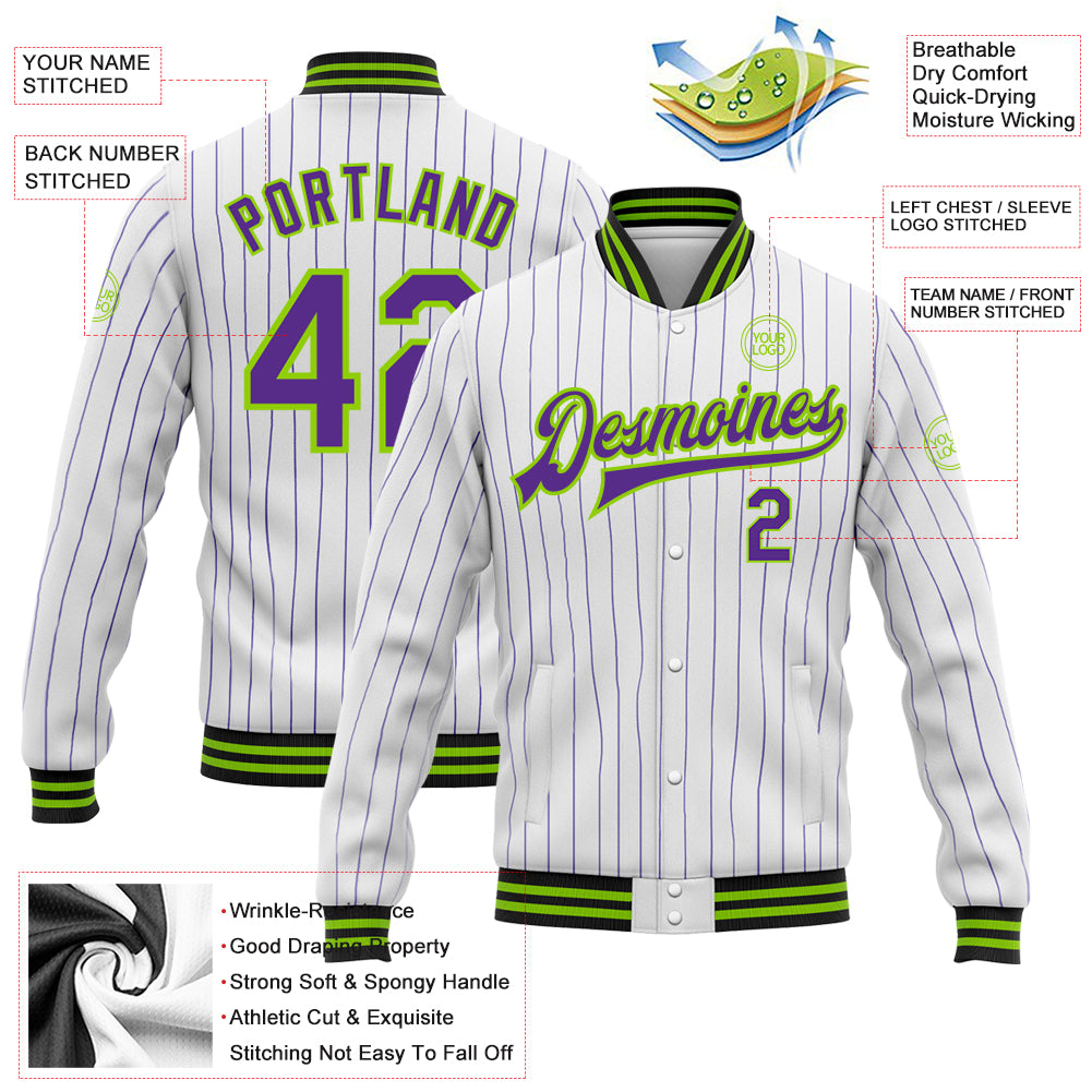 Custom White Purple Pinstripe Neon Green-Black Bomber Full-Snap Varsity Letterman Jacket